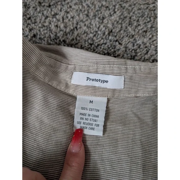 Prototype Tan Pinstripe Cotton Tunic Dress Roll Tab Sleeve Y2K Boho Medium - Picture 2 of 4